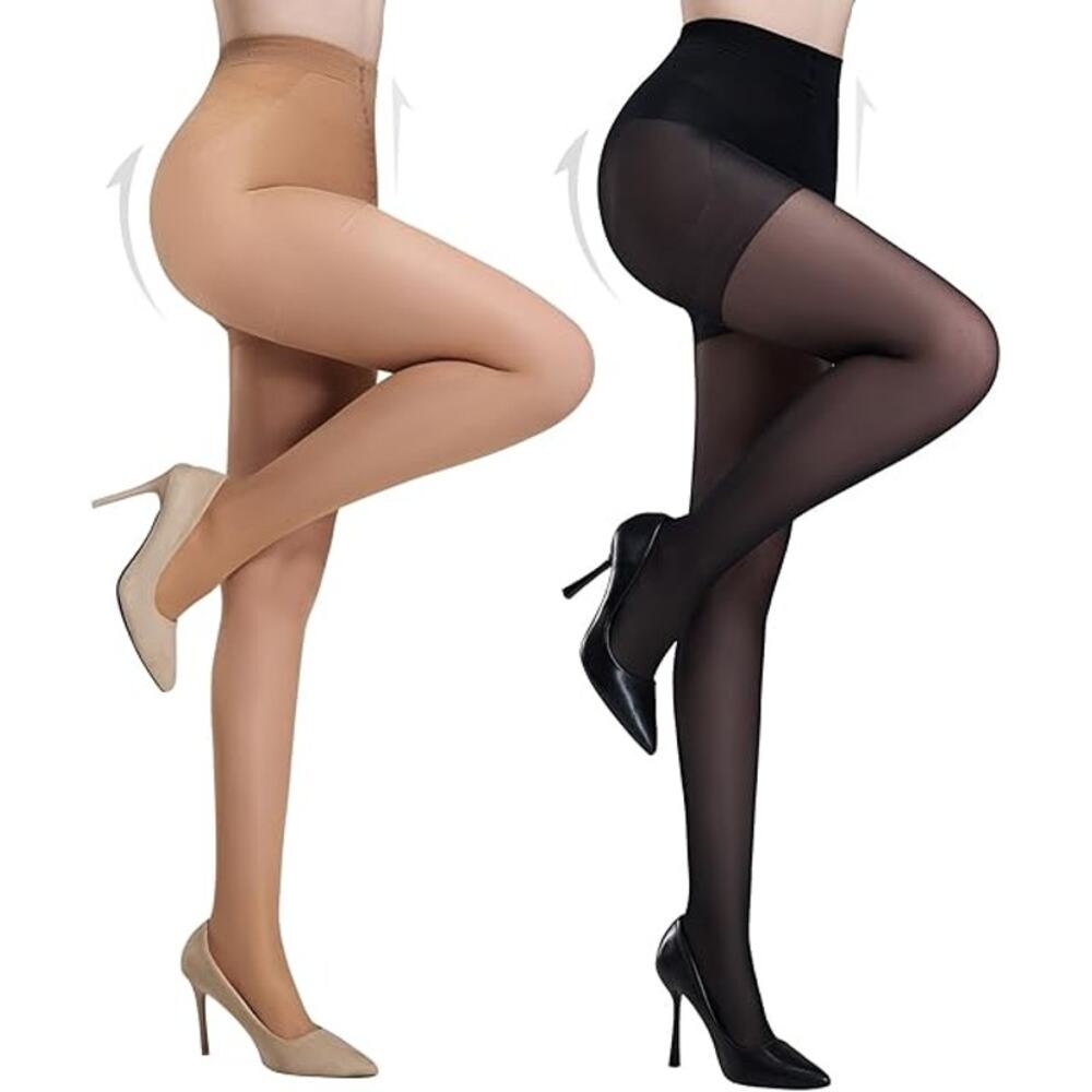 Yilanmy Tummy Control Pantyhose 40D Sheer Control Top 2 Pairs XL Black/Nude